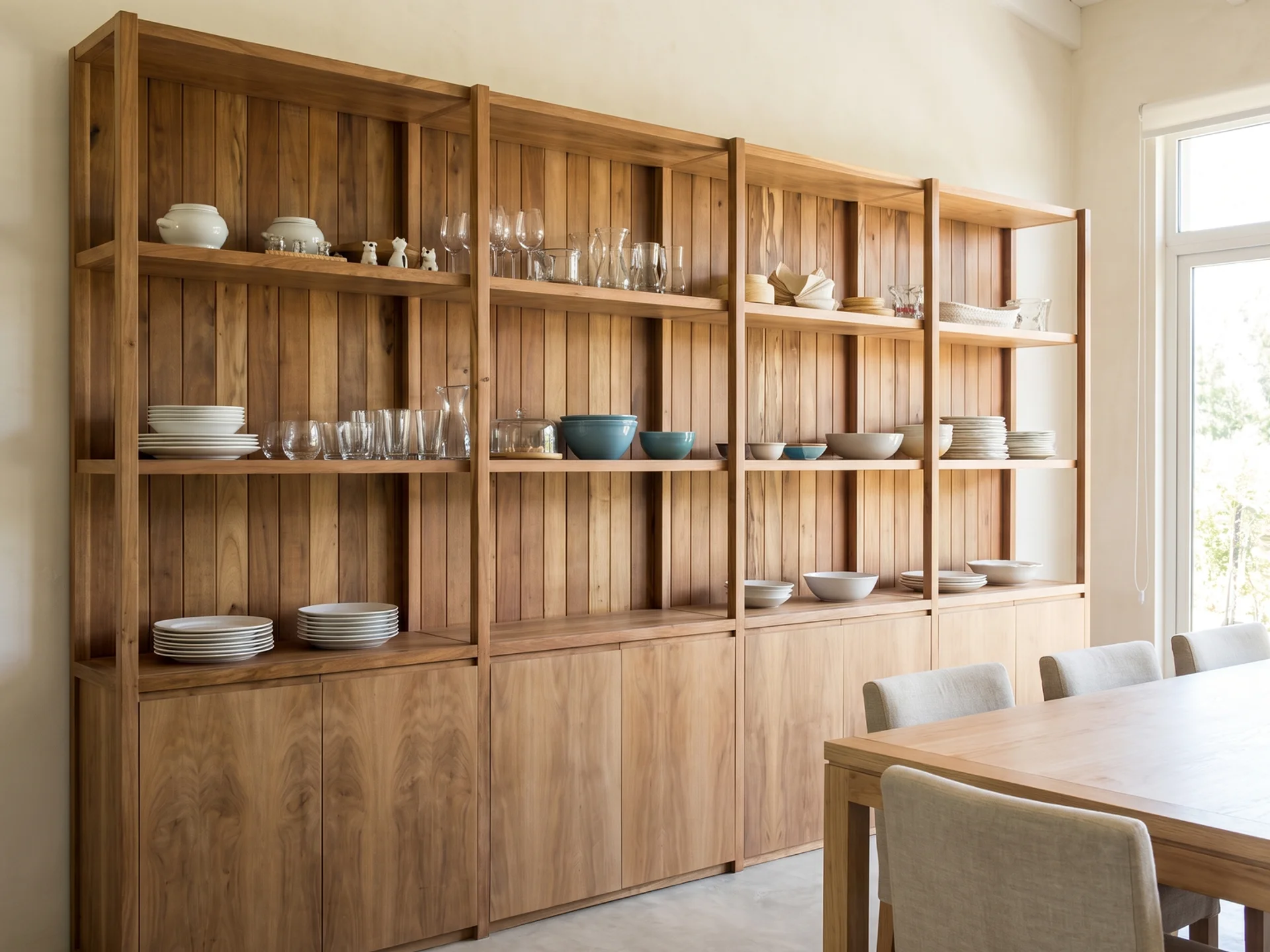 Vajillero de madera maciza junto a una mesa de comedor