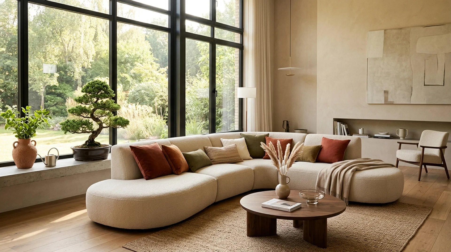 Living moderno con sofá curvo beige y luz natural cálida